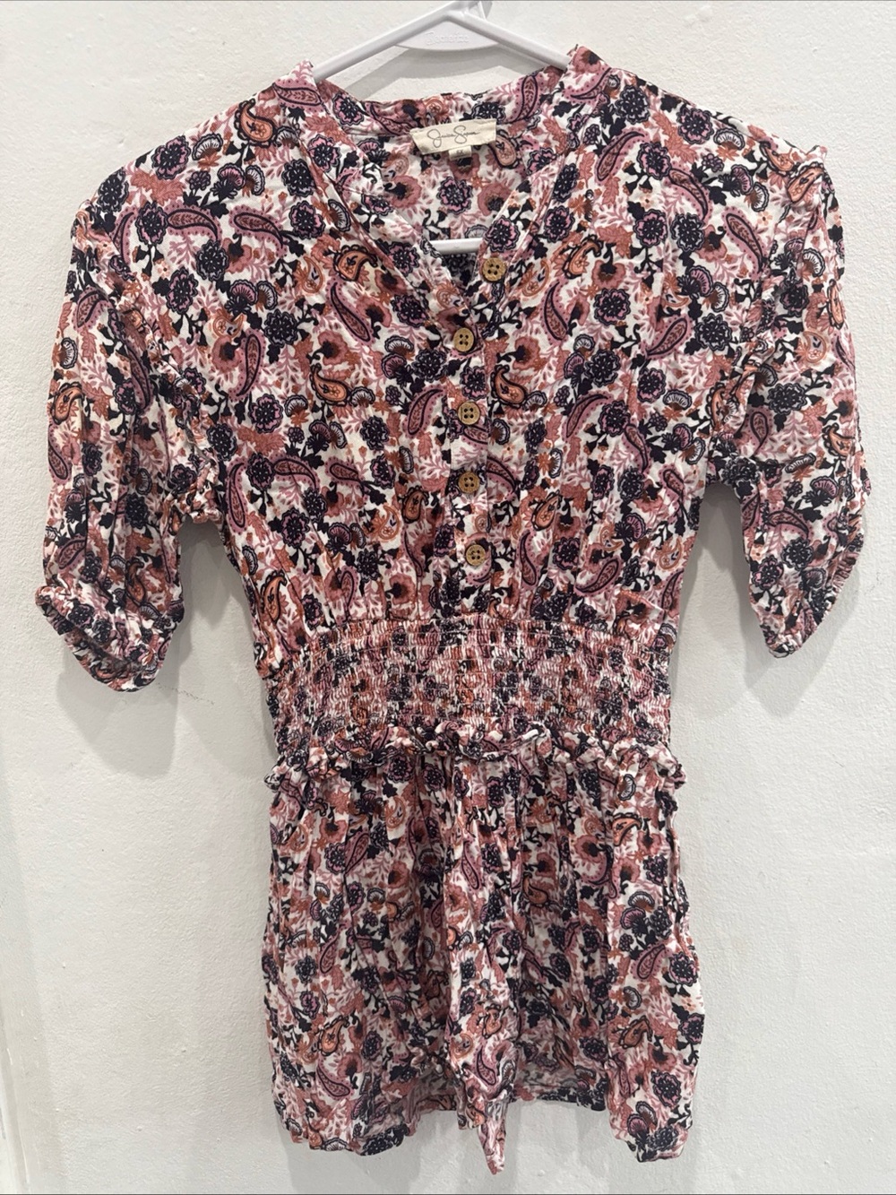 Jessica Simpson Pink Paisley Button-Front Smocked Tunic